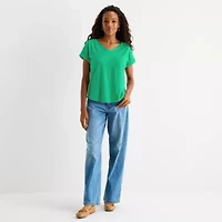 St. John's Bay Womens V Neck Textured Short Sleeve Blouse