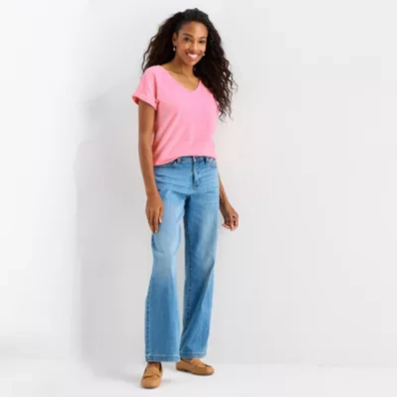 St. John's Bay Womens V Neck Textured Short Sleeve Blouse