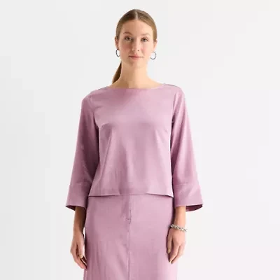 Liz Claiborne Womens Boat Neck 3/4 Sleeve Satin Blouse