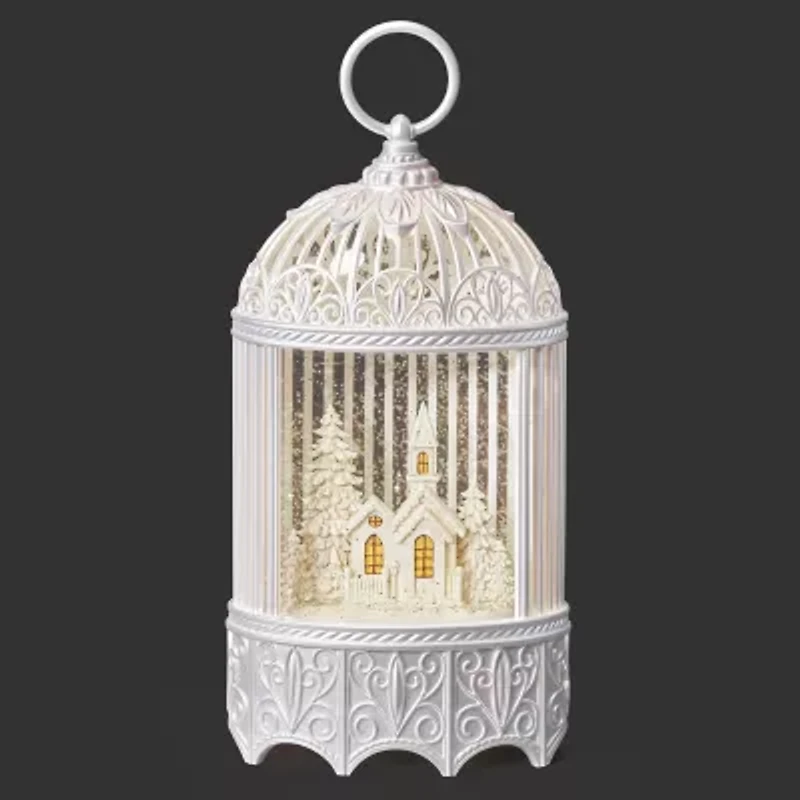 Roman 11.5h Lighted Swirl Bird Cage With Church Christmas Tabletop Decor