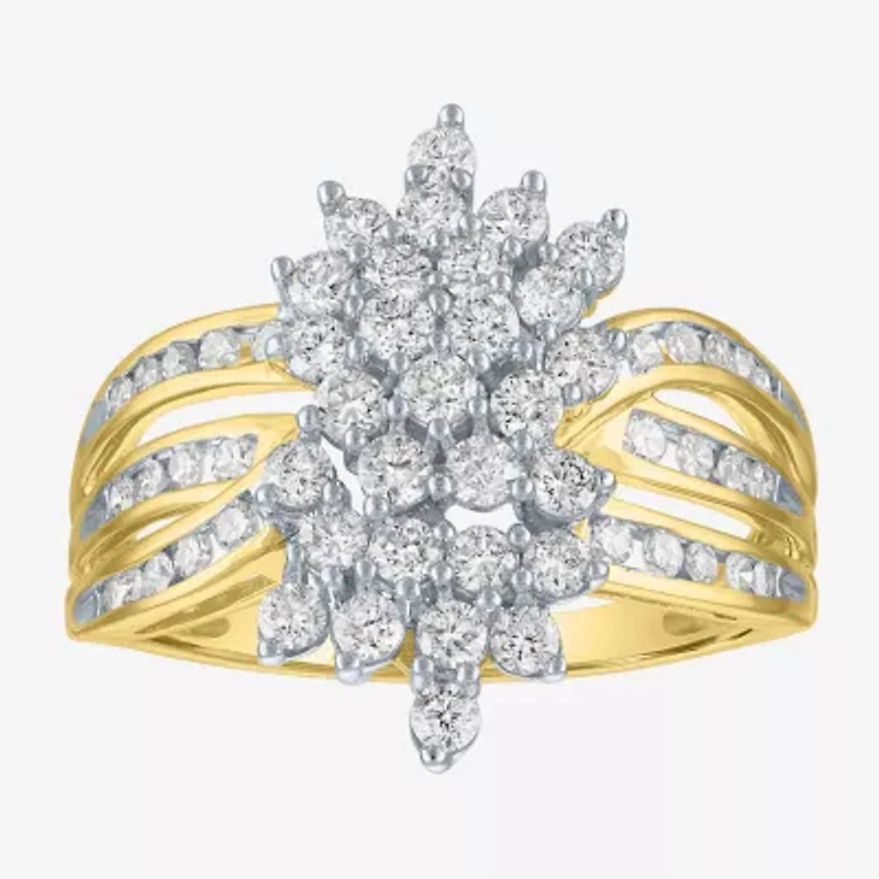 (G-H / Si2-I1) Womens 1 CT. T.W. Lab Grown White Diamond 10K Gold Cluster Side Stone Cocktail Ring