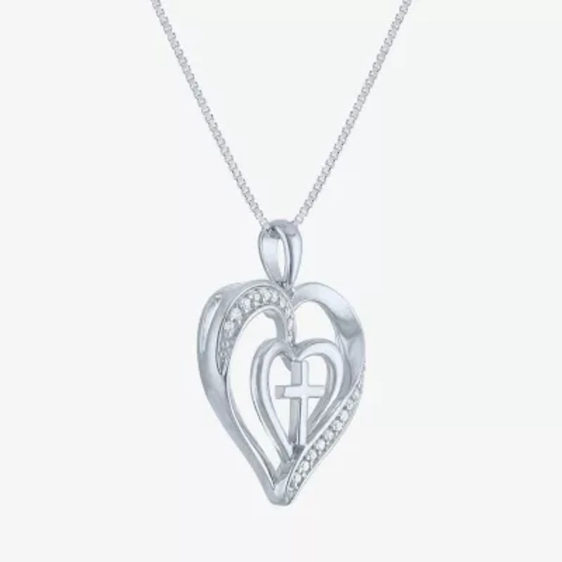 Cross (G-H / Si2-I1) Womens 1/10 CT. T.W. Lab Grown White Diamond Sterling Silver Heart 18 Inch Pendant Necklace