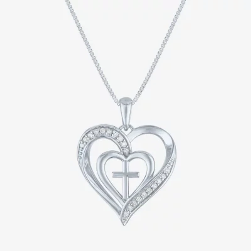 Womens 1/10 CT. T.W. Natural White Diamond Sterling Silver Cross Heart 18 Inch Pendant Necklace