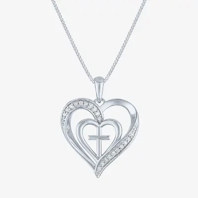 Womens 1/10 CT. T.W. Natural White Diamond Sterling Silver Cross Heart 18 Inch Pendant Necklace