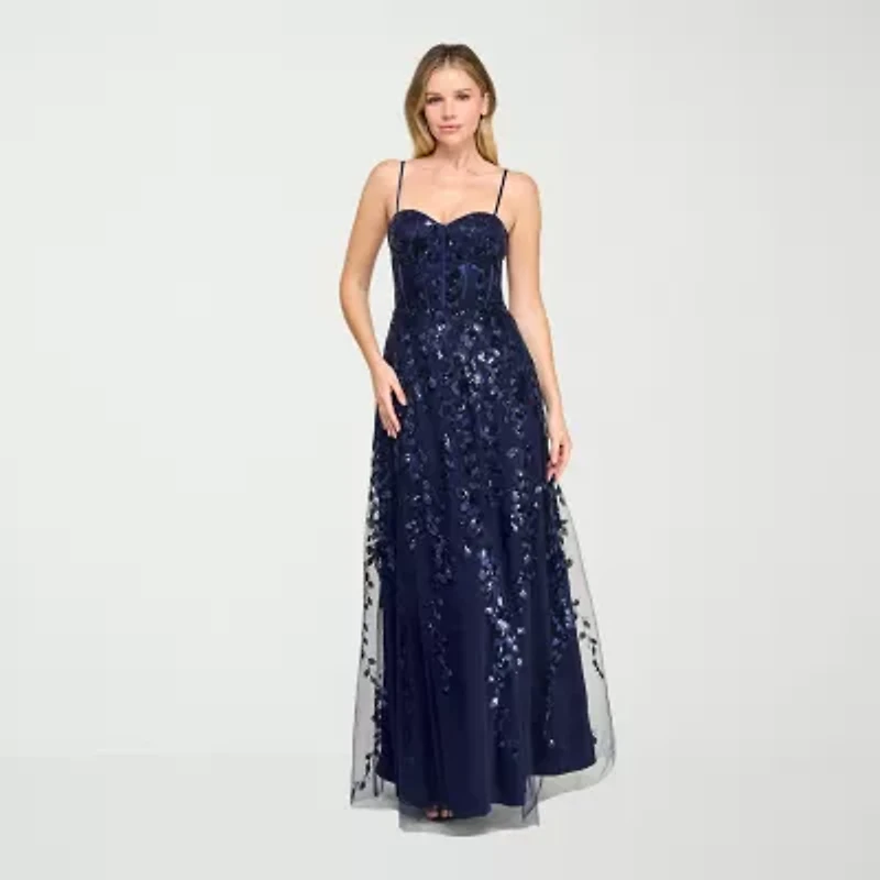 Trixxi Womens Juniors Sleeveless Sequin Floral Ball Gown