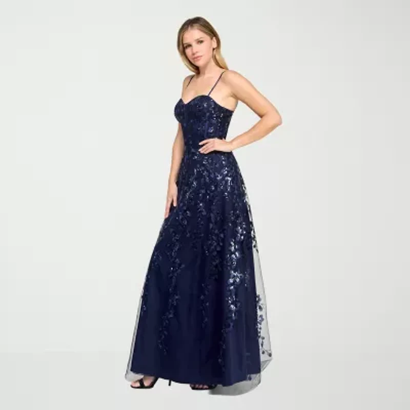 Trixxi Womens Juniors Sleeveless Sequin Floral Ball Gown