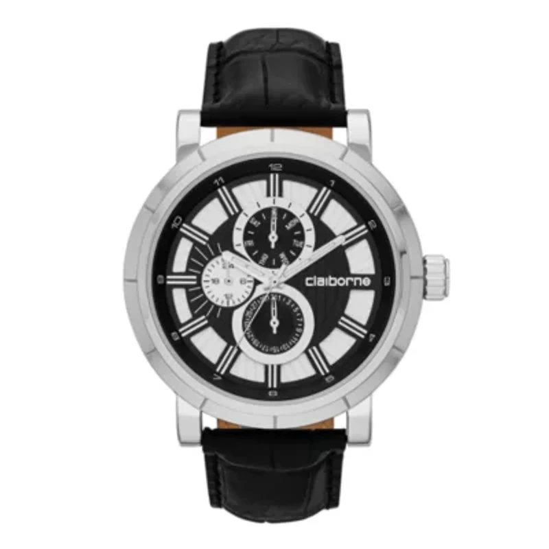 Claiborne® Mens Black and Silver-Tone Croc-Pattern Leather Strap Watch