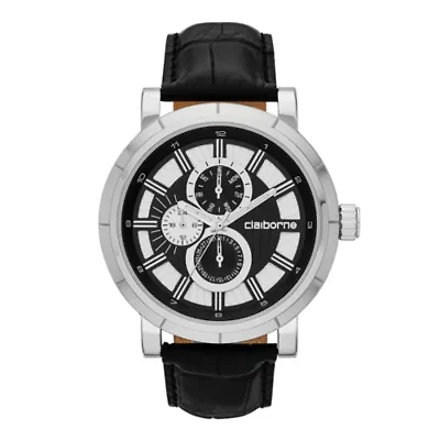 Claiborne® Mens Black and Silver-Tone Croc-Pattern Leather Strap Watch