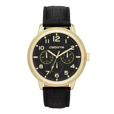 Claiborne® Mens Black and Gold-Tone Coin Edge Leather Watch