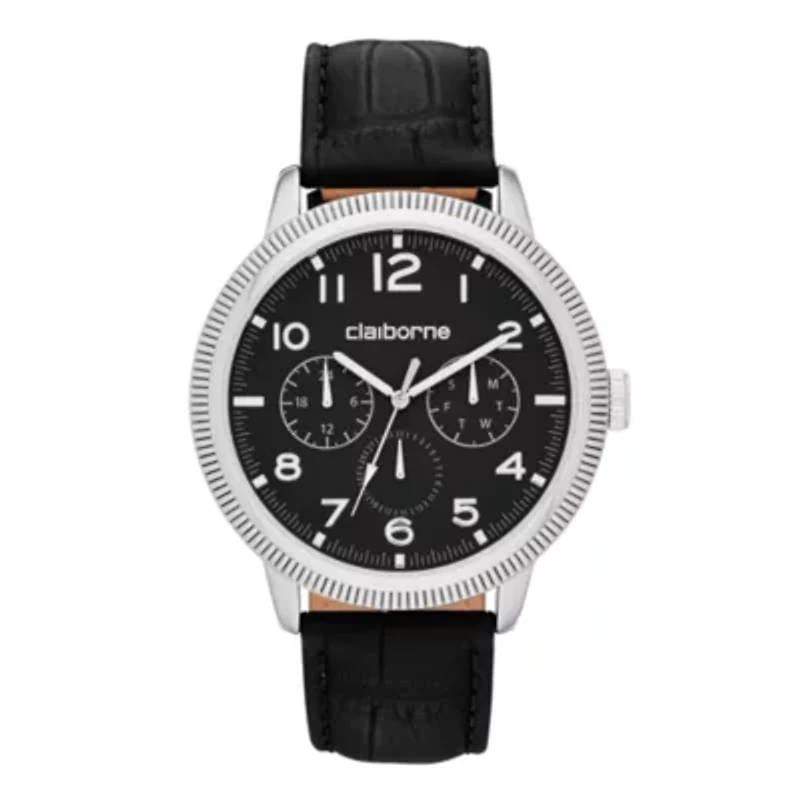 Claiborne® Mens Black and Silver-Tone Coin Edge Leather Watch