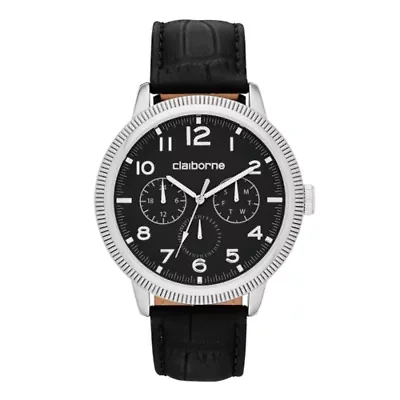 Claiborne® Mens Black and Silver-Tone Coin Edge Leather Watch