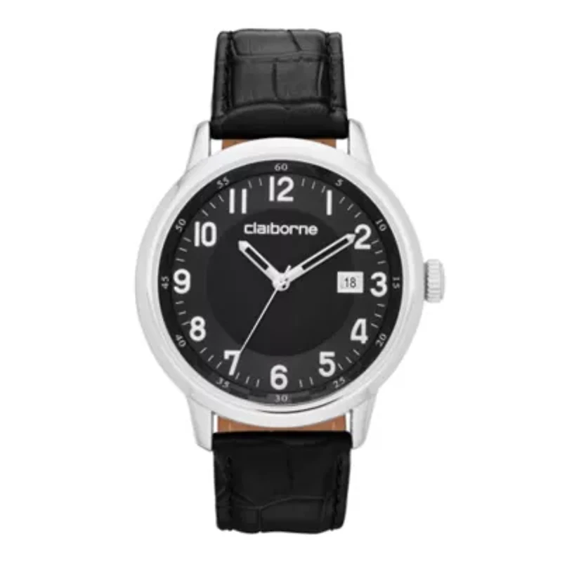 Claiborne® Mens Black and Silver-Tone Croc-Pattern Leather Watch