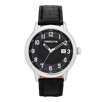 Claiborne® Mens Black and Silver-Tone Croc-Pattern Leather Watch