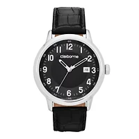 Claiborne® Mens Black and Silver-Tone Croc-Pattern Leather Watch