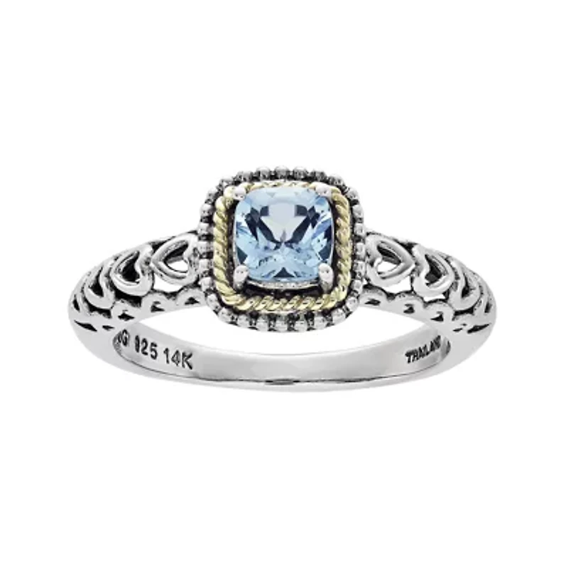 Shey Couture Genuine Blue Topaz Sterling Silver and 14K Yellow Gold Cushion Heart Ring