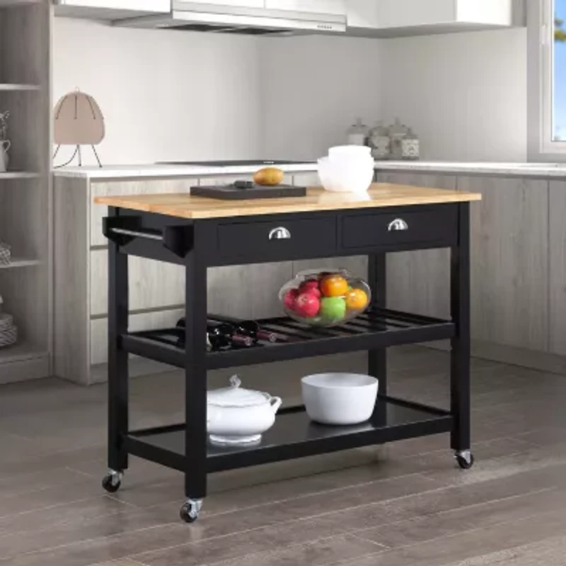 French Country Butcher Block Counter Top Kitchen Cart with Wine Rack