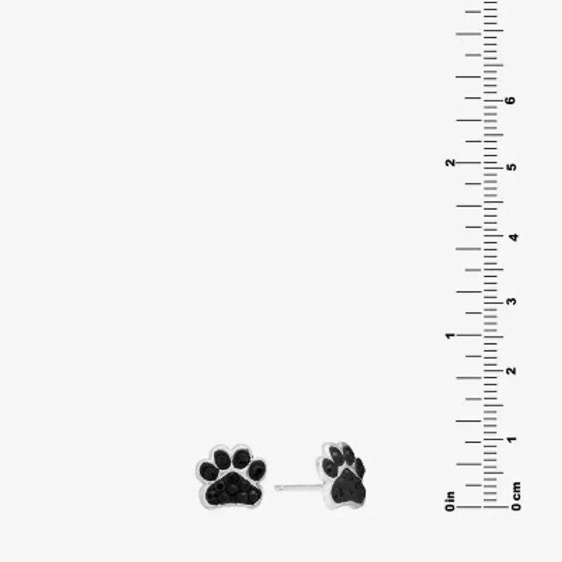 Silver Treasures Paw Print Black Crystal Stud Earrings