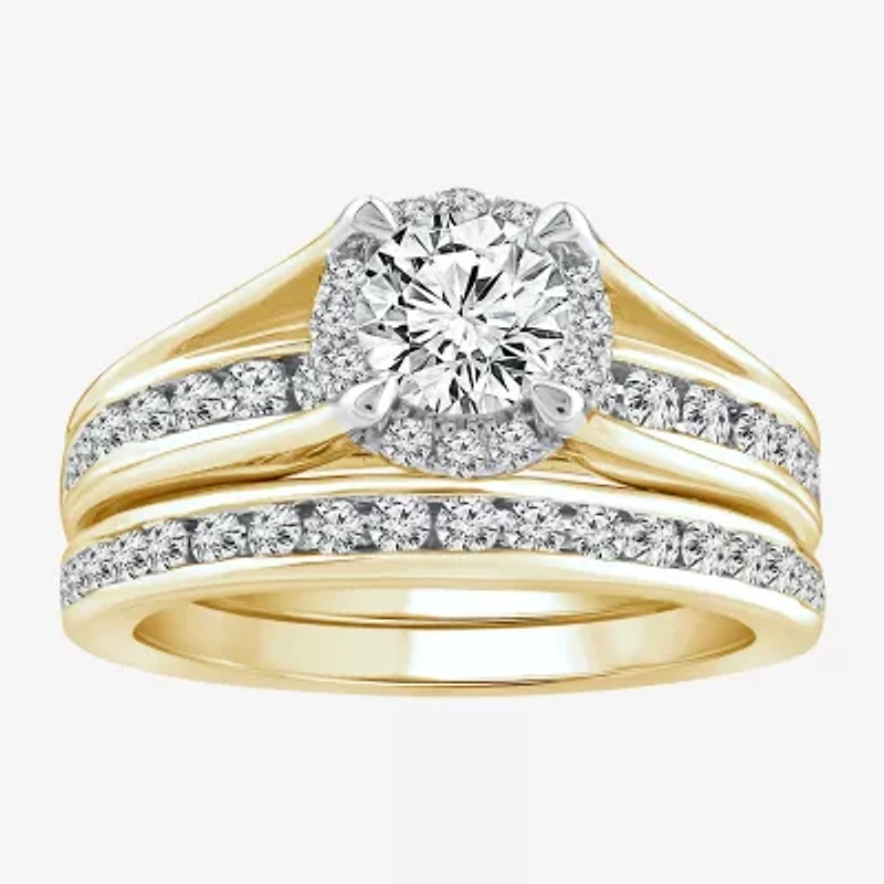 (F / VS2) Womens 1 1/2 CT. T.W. Lab Grown White Diamond 10K or 14K Gold Round Side Stone Bridal Set
