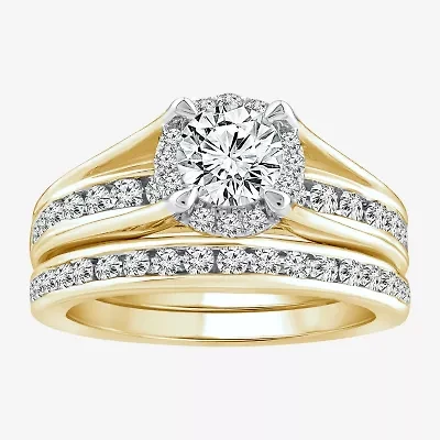 (F / VS2) Womens 1 1/2 CT. T.W. Lab Grown White Diamond 10K or 14K Gold Round Side Stone Bridal Set