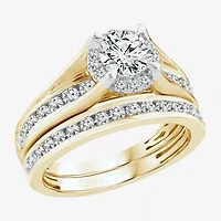 (F / VS2) Womens 1 1/2 CT. T.W. Lab Grown White Diamond 10K or 14K Gold Round Side Stone Bridal Set