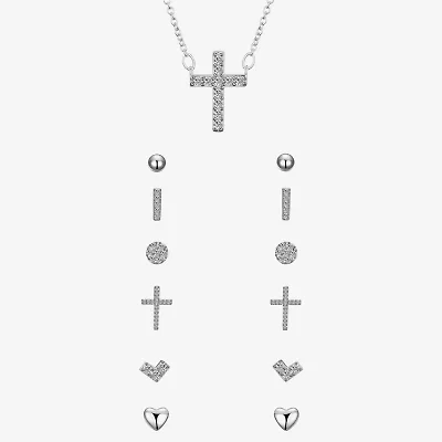 Sparkle Allure A Week Of Sparkle Womens Cubic Zirconia Pure Silver Over Brass Cross Heart 7-pc. Jewelry Set