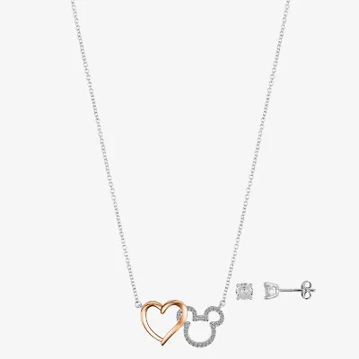 Disney Classics Womens Cubic Zirconia 14k Rose Gold Over Brass Pure Silver Over Brass Heart Mickey Mouse 2-pc. Jewelry Set