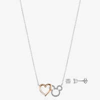 Disney Classics Womens Cubic Zirconia 14k Rose Gold Over Brass Pure Silver Over Brass Heart Mickey Mouse 2-pc. Jewelry Set