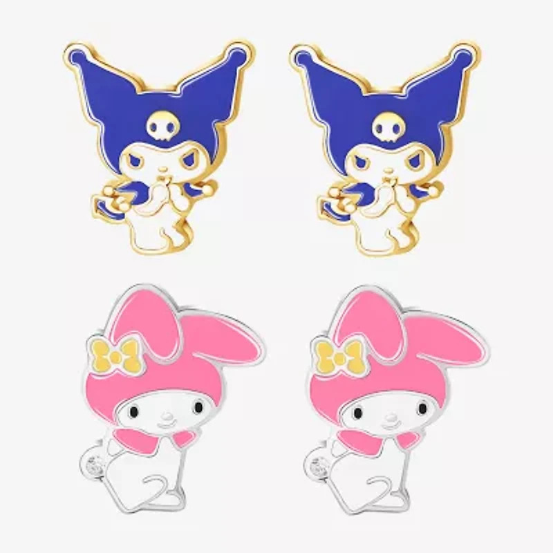 Womens 18K Gold Over Brass Hello Kitty Kuromi My Melody 2 Pair Earring Set