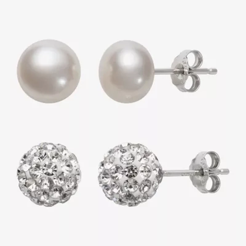 Womens Genuine White Cultured Freshwater Pearl Sterling Silver Earring Set
