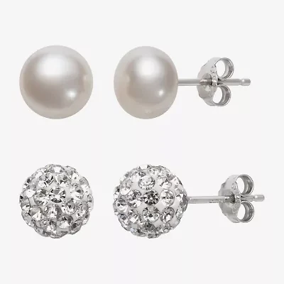 Womens Genuine White Cultured Freshwater Pearl Sterling Silver Earring Set