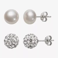 Womens Genuine White Cultured Freshwater Pearl Sterling Silver Earring Set