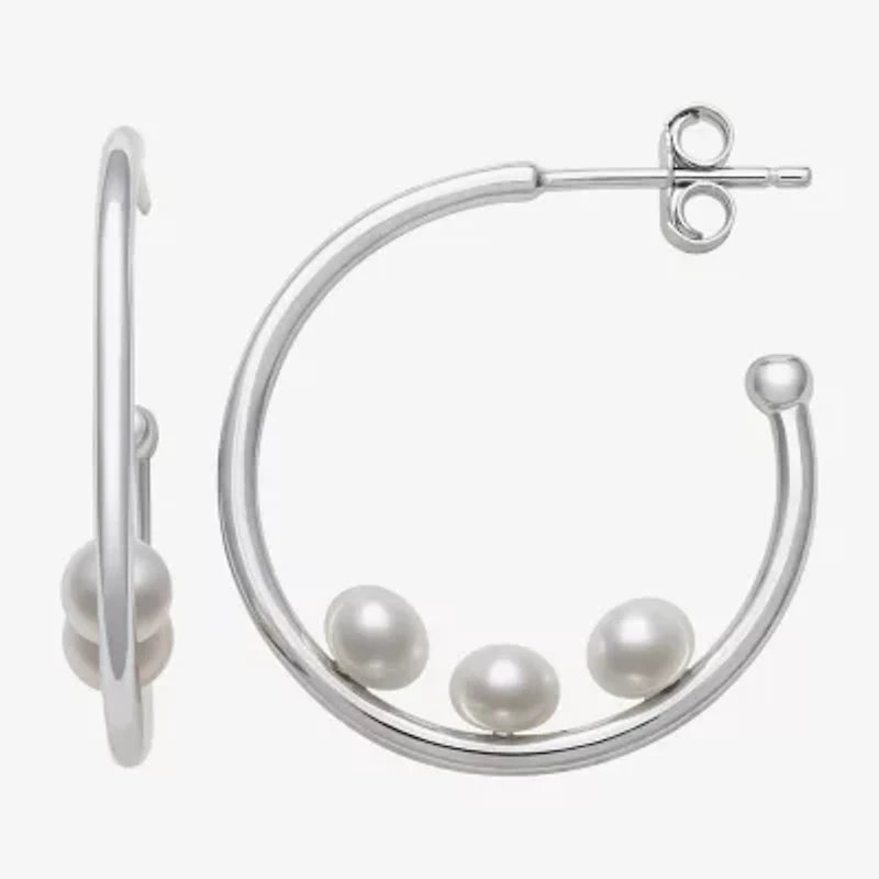 Womens Genuine White Cultured Freshwater Pearl Sterling Silver 26mm Hoop Earrings
