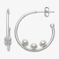 Womens Genuine White Cultured Freshwater Pearl Sterling Silver 26mm Hoop Earrings