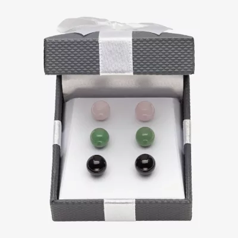 Genuine Pink Quartz, Green Jade & Black Onyx  Sterling Silver Earring Set