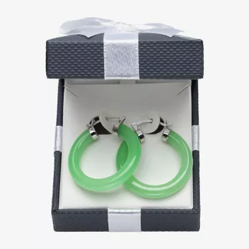 Womens Genuine Green Jade Sterling Silver 32mm Hoop Earrings