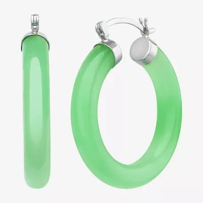 Womens Genuine Green Jade Sterling Silver 32mm Hoop Earrings