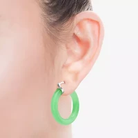 Womens Genuine Green Jade Sterling Silver 32mm Hoop Earrings
