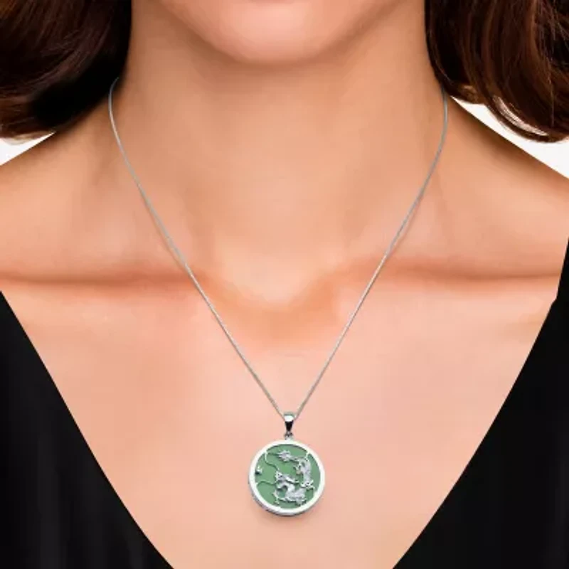 Dragon Womens Genuine Green Jade Sterling Silver 18 Inch Pendant Necklace