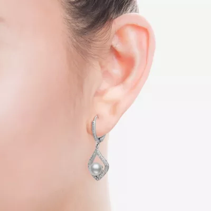 Womens White Cultured Freshwater Pearl Sterling Silver Diamond Pear Drop Earrings