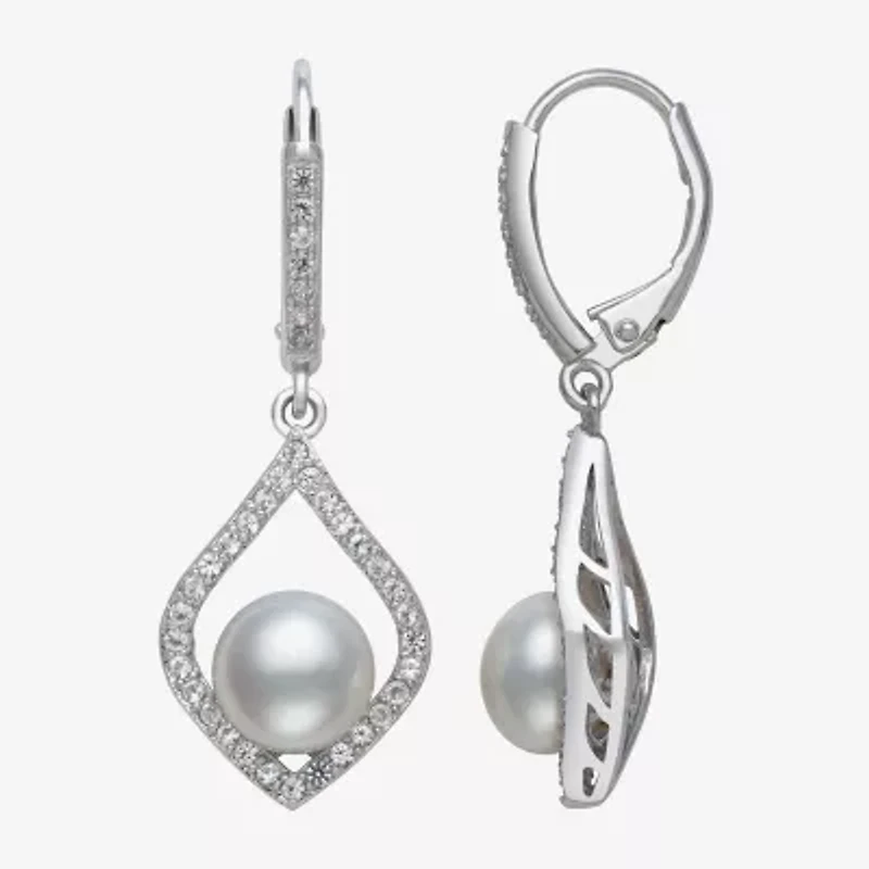 Womens White Cultured Freshwater Pearl Sterling Silver Diamond Pear Drop Earrings