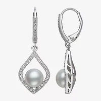 Womens White Cultured Freshwater Pearl Sterling Silver Diamond Pear Drop Earrings