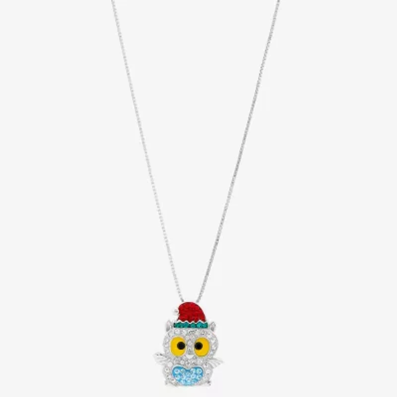 Limited Quantities! Christmas Owl Womens Multi Color Crystal Sterling Silver 18 Inch Pendant Necklace