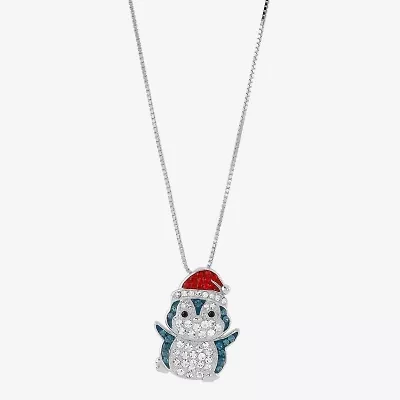 Limited Quantities! Christmas Penguin Womens Multi Color Crystal Sterling Silver 18 Inch Pendant Necklace
