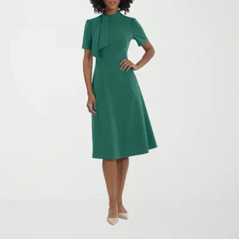Ivy & Blue Womens Short Sleeve Midi Fit + Flare Dress