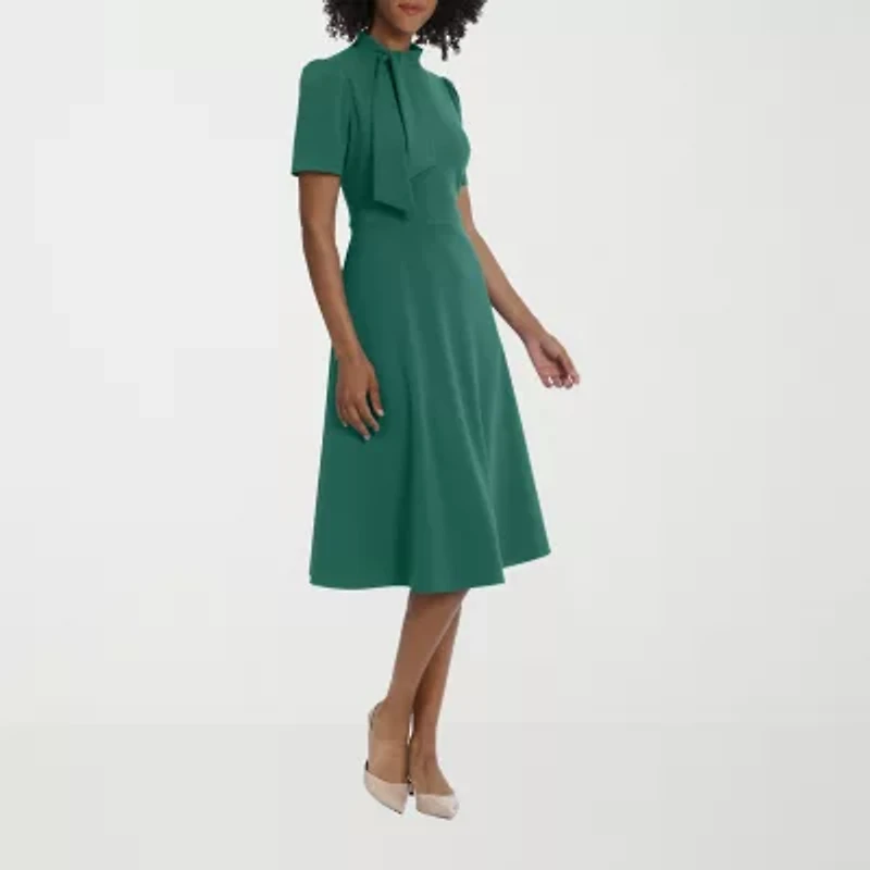 Ivy & Blue Womens Short Sleeve Midi Fit + Flare Dress