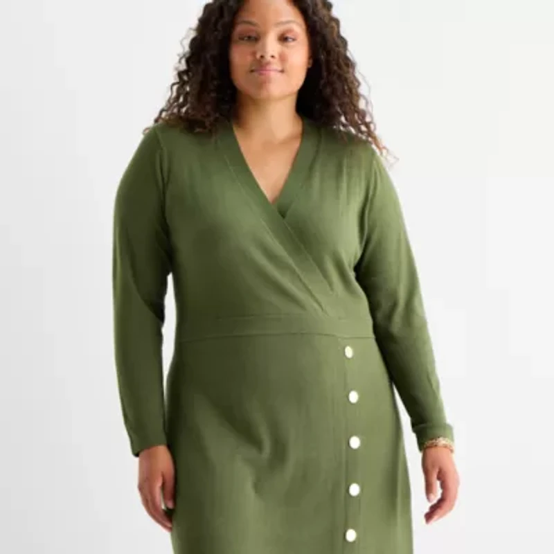 Maia Womens Plus Long Sleeve Midi Sweater Dress