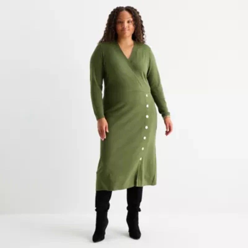 Maia Womens Plus Long Sleeve Midi Sweater Dress