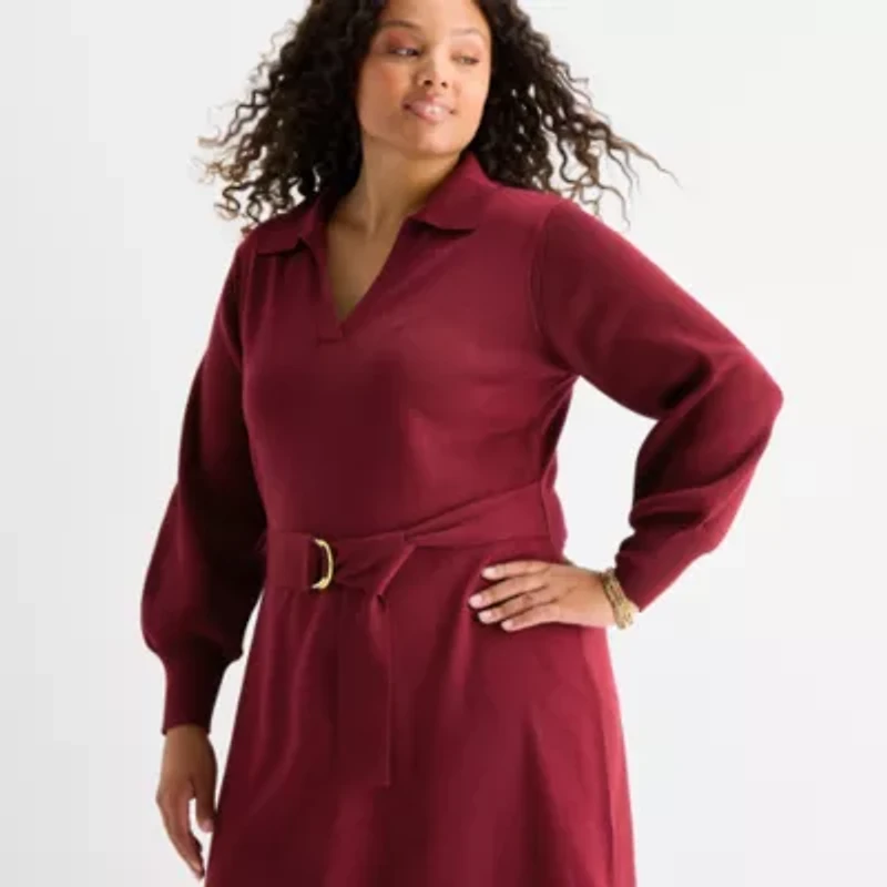 Maia Womens Plus Long Sleeve Midi Sweater Dress