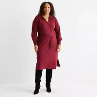 Maia Womens Plus Long Sleeve Midi Sweater Dress
