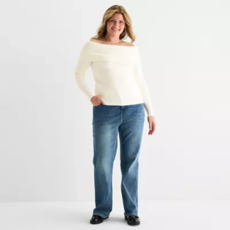 Forever 21 Juniors Plus Womens Straight Neck Long Sleeve Pullover Sweater